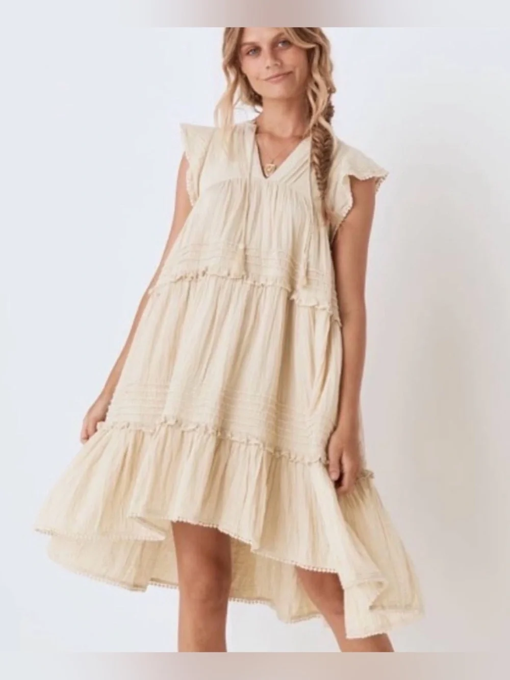 SPELL & THE GYPSY COLLECTIVE Hanalei Midi Dress Cotton Gauzy Tiered Size XS